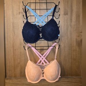 Victoria's Secret Lace Cross-Back Bra Set - Navy/Light Blue and Peach/Pink